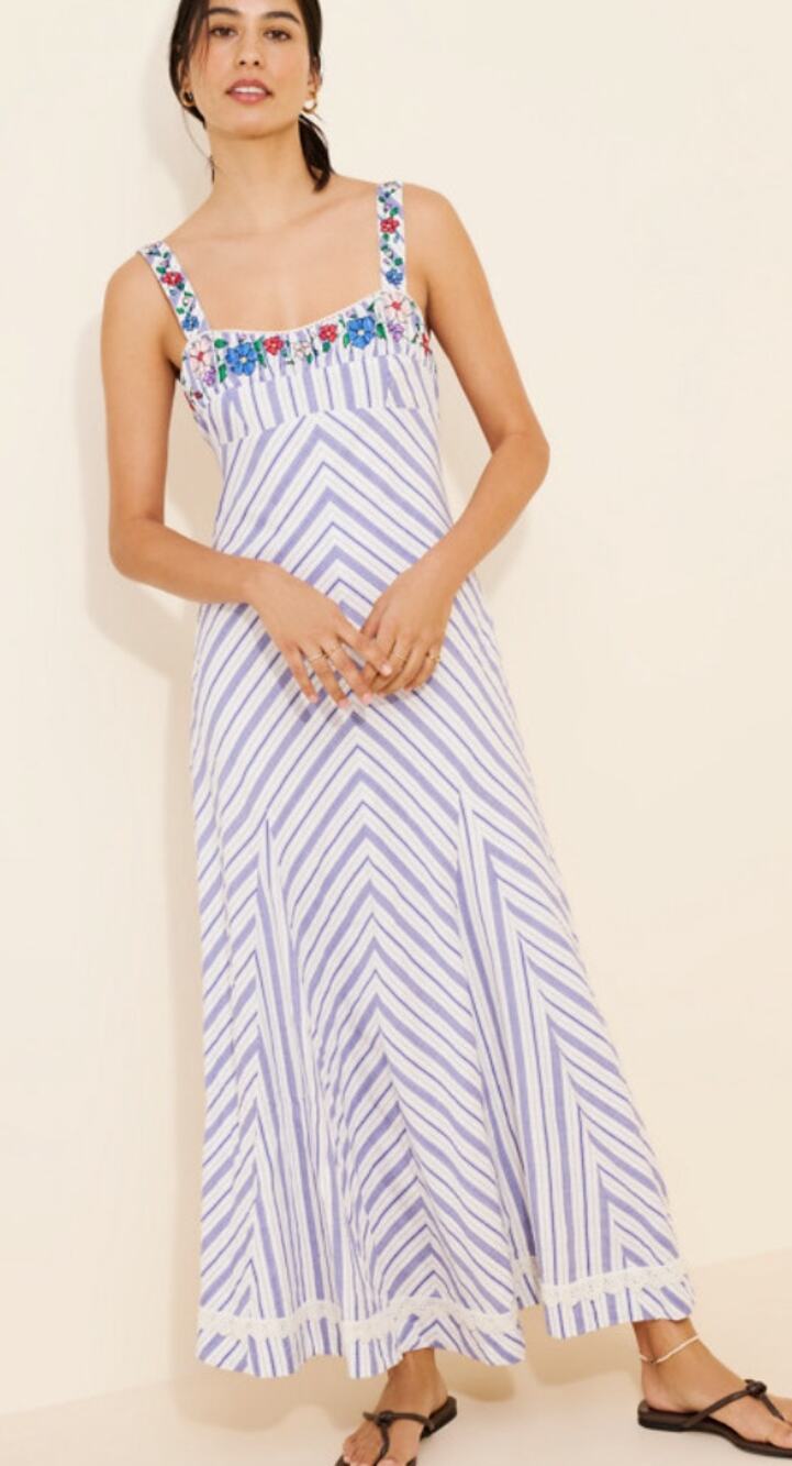 Free People Havenwood Maxi Dress Embroidered Stripe Blue Boho Size Small